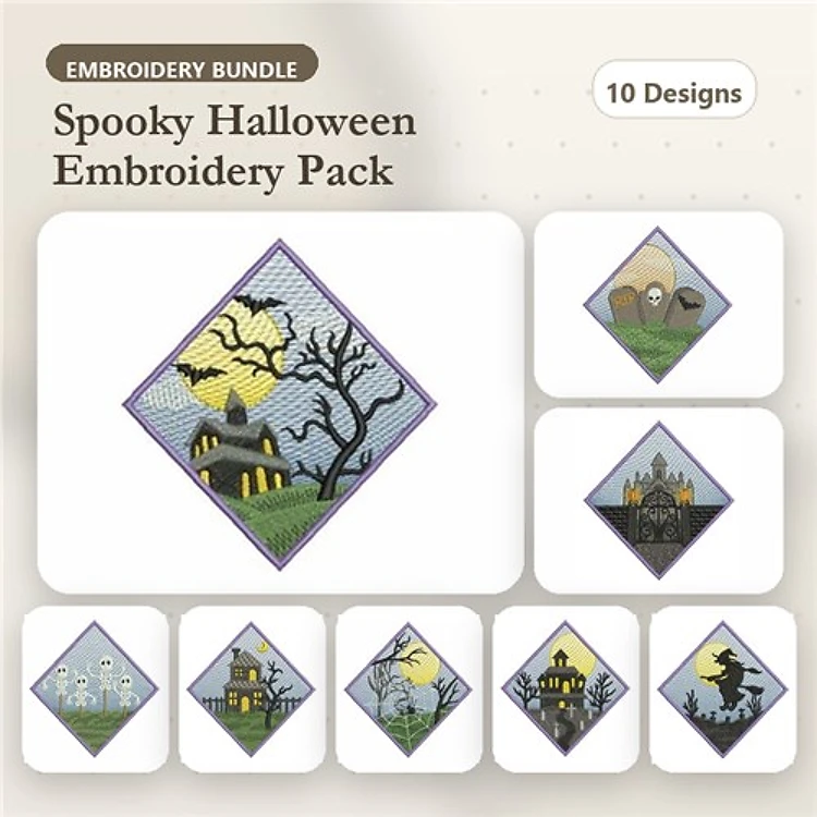 Spooky Halloween Embroidery Designs Bundle – Haunted House, Ghost, Bats & More (10 Designs)