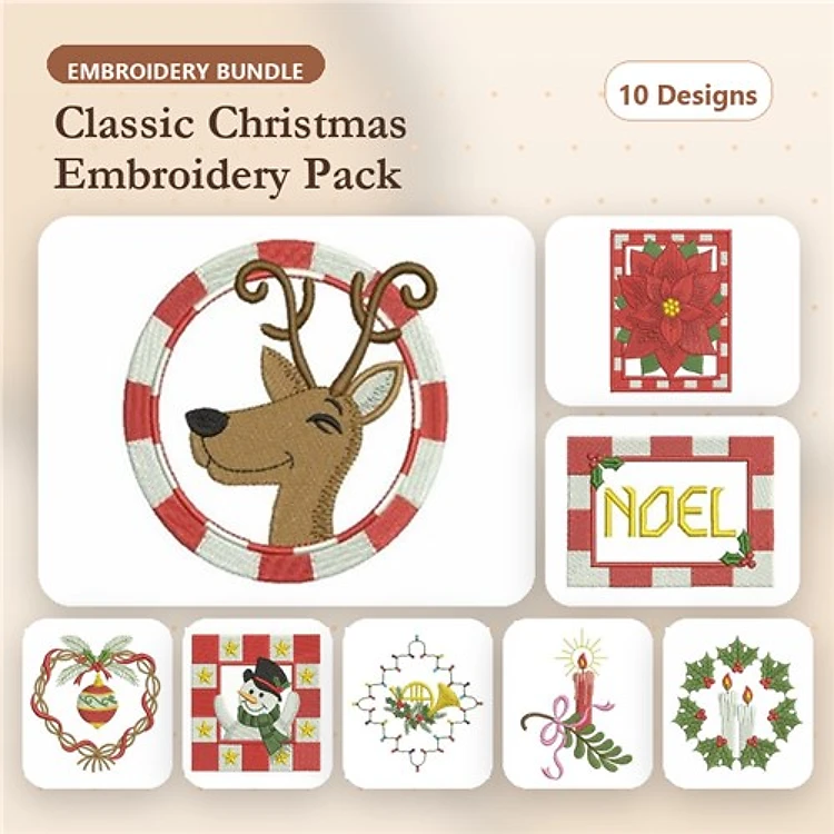 Classic Christmas Embroidery Designs Bundle – Reindeer with Candy Cane Frame, Poinsettia, NOEL & More (10 Designs)