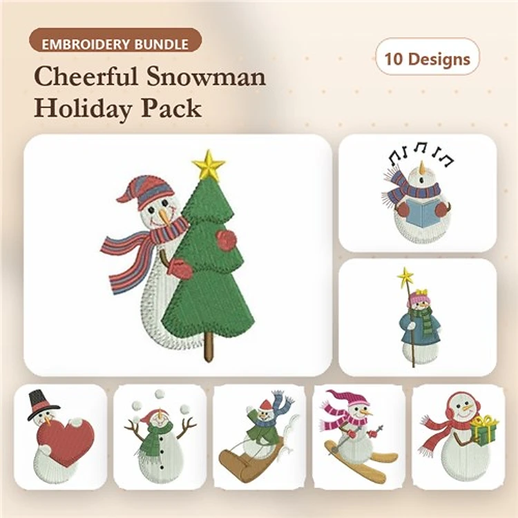 Cheerful Snowman Holiday Embroidery Designs Bundle – Snowman with Christmas Tree, Gift, Hat & More (10 Designs)