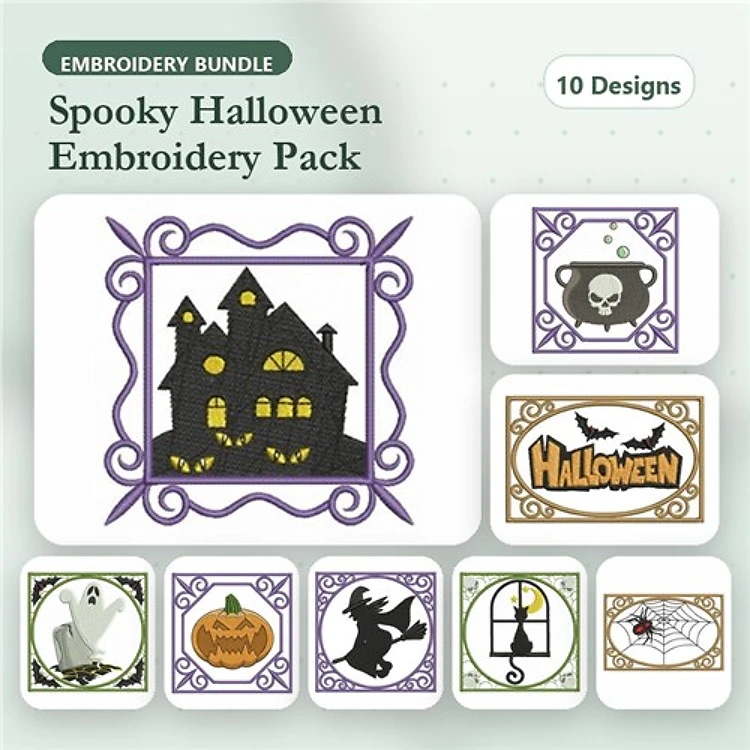Halloween Embroidery Bundle – Haunted House, Skull Frame, Bat Silhouette & More (10 Designs)