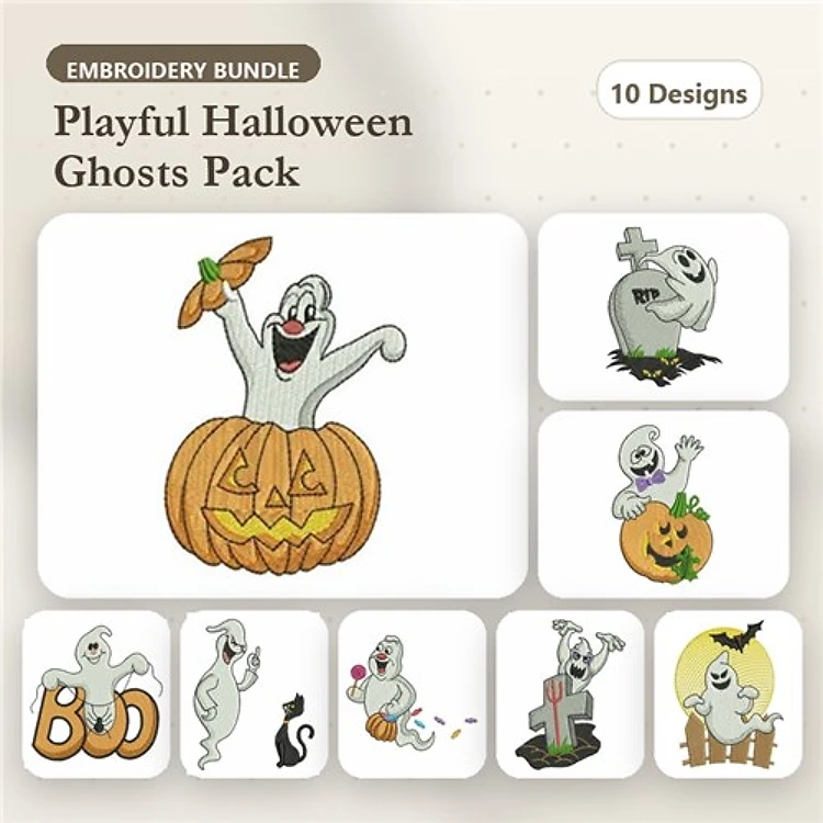 Playful Halloween Ghosts Embroidery Designs Bundle – Ghost with Pumpkin, Boo Ghost, Ghostly Pumpkin & More (10 Designs)