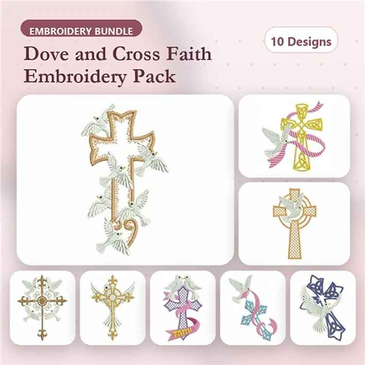 Dove and Cross Faith Embroidery Bundle – Cross with Dove, Floral Cross with Ribbon, Ornate Dove Cross & More (10 Designs)