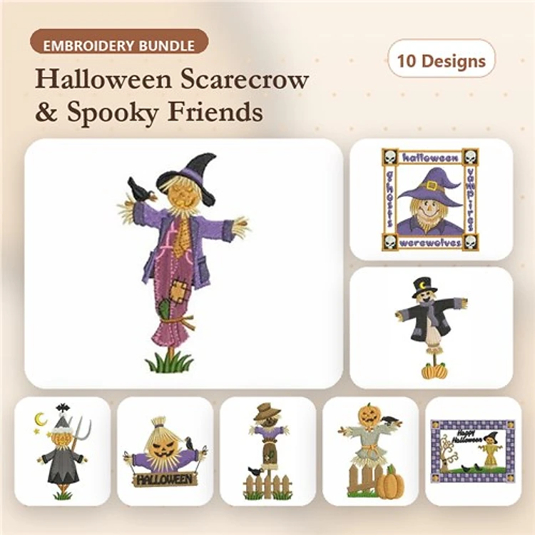 Halloween Scarecrow Embroidery Designs Bundle – Scarecrow with Crow, Ghost with Moon, Pumpkin with Face & More (10 Designs)