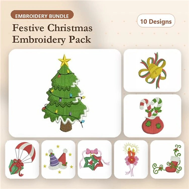 Christmas Embroidery Bundle – Christmas Tree, Santa Suit, Candy Cane Bag & More (10 Designs)