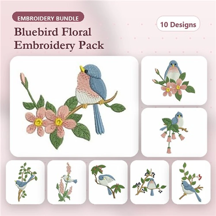 Bluebird and Floral Embroidery Designs Bundle – Bluebird on Blossom, Bluebird with Pink Flowers & More (10 Designs)