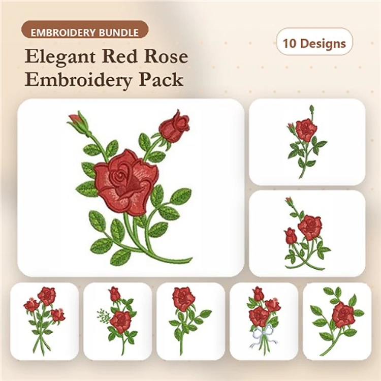 Floral Embroidery Designs Bundle – Red Rose, Rose Bud, Rose Bouquet & More (10 Designs)