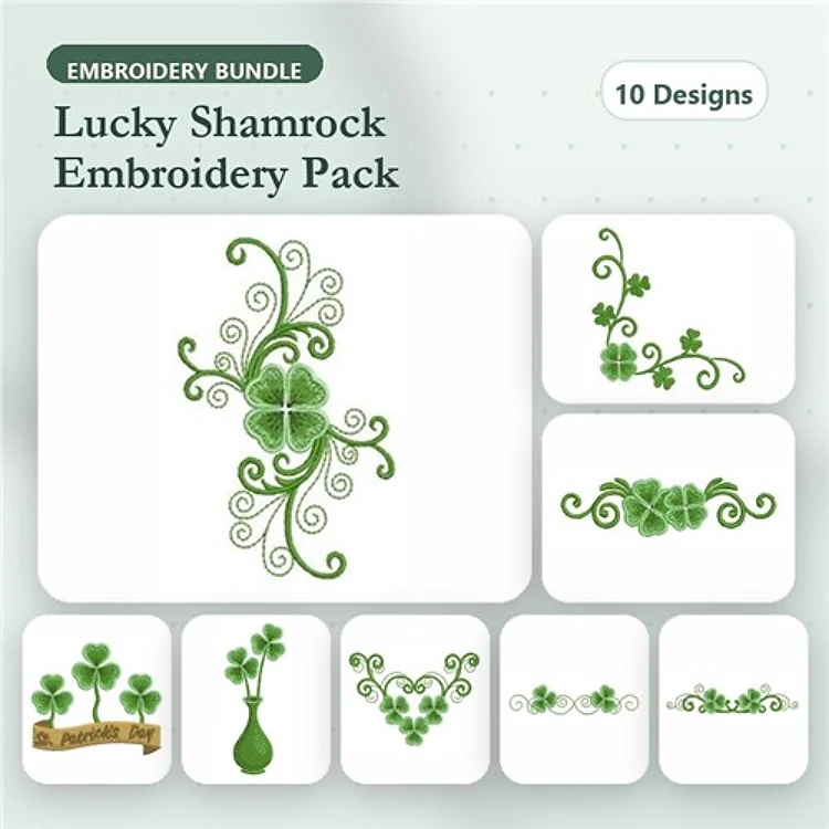 Lucky Shamrocks Embroidery Bundle – Shamrock Bouquet, Swirling Shamrock, Single Shamrock & More (10 Designs)