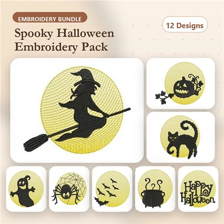 Halloween Embroidery Designs Bundle – Witch on Broomstick, Pumpkin Face, Black Cat, Ghost & More (12 Designs)