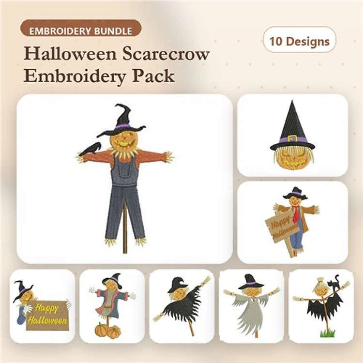 Halloween Scarecrow Embroidery Designs Bundle – Scarecrow with Crow, Happy Halloween Sign Scarecrow, Scarecrow with Pumpkin & More (10 Designs)