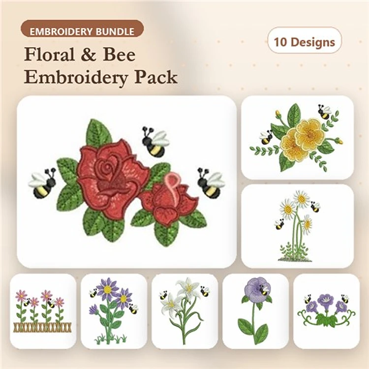 Floral and Bee Embroidery Designs Bundle – Rose with Bees, Yellow Flower Bouquet, Daisy with Stem & More (10 Designs)