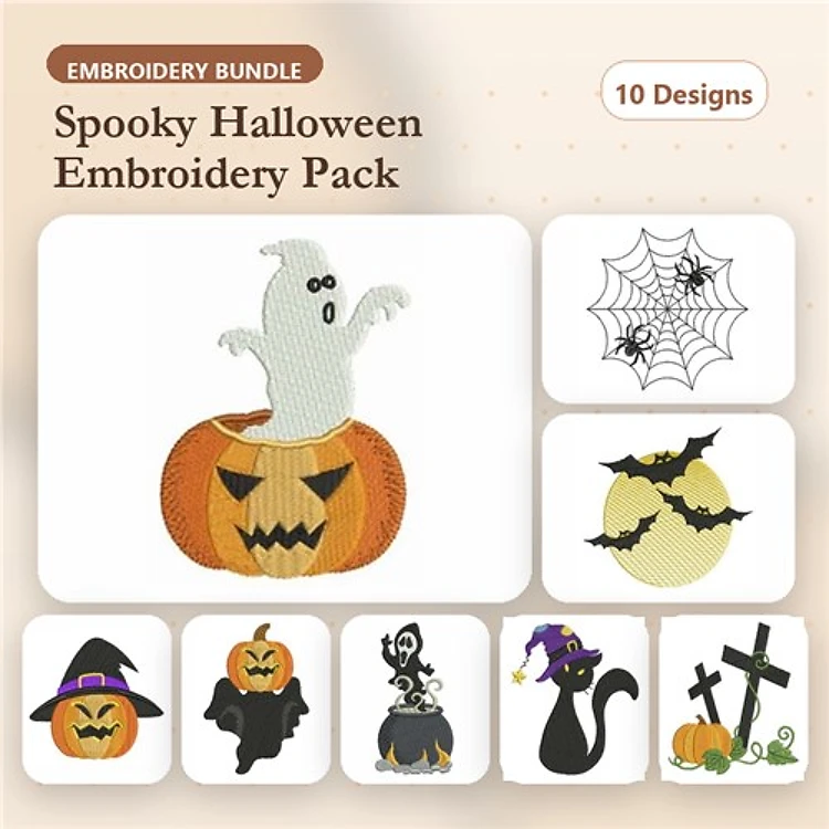 Halloween Embroidery Designs Bundle – Ghosts, Jack-o'-Lantern, Witch Hat & More (10 Designs)