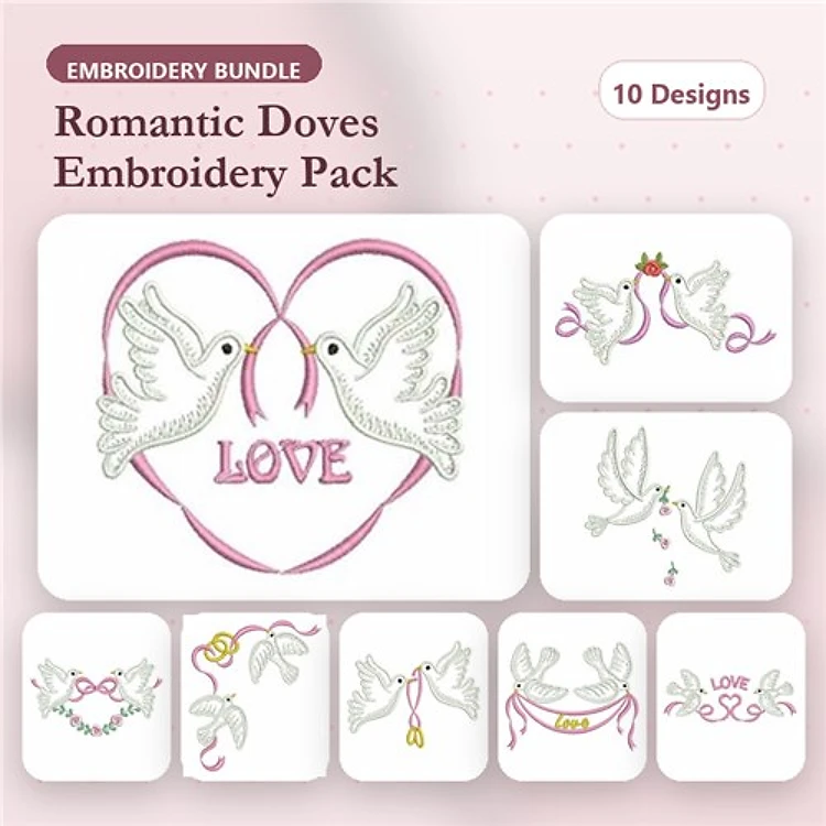 Romantic Doves Embroidery Designs Bundle – Doves with Heart, Doves with Love, Crown Dove & More (10 Designs)
