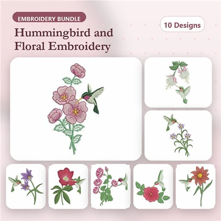 Hummingbird & Floral Embroidery Bundle – Hummingbird with Pink Flowers, Wildflower Bouquet, & More (10 Designs)