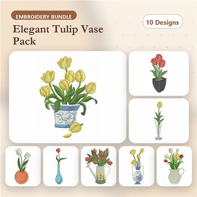 Tulip Arrangement Embroidery Bundle – Tulip Bouquet in Blue Pot, Red Tulip in Glass, Yellow Tulip Arrangement & More (10 Designs)