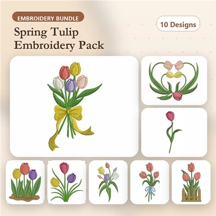 Spring Tulip Embroidery Designs Bundle – Tulip Bouquet with Bow, Single Tulip, Heart-shaped Tulip Arrangement & More (10 Designs)