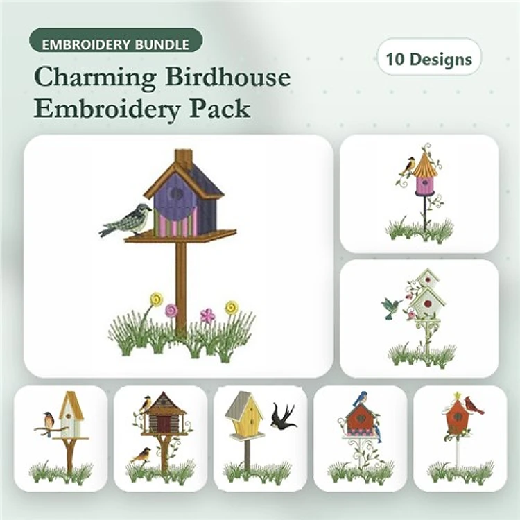 Birdhouse & Bird Embroidery Designs Bundle – Birdhouse with Purple Roof, Birdhouse with Flowers, & More (10 Designs)
