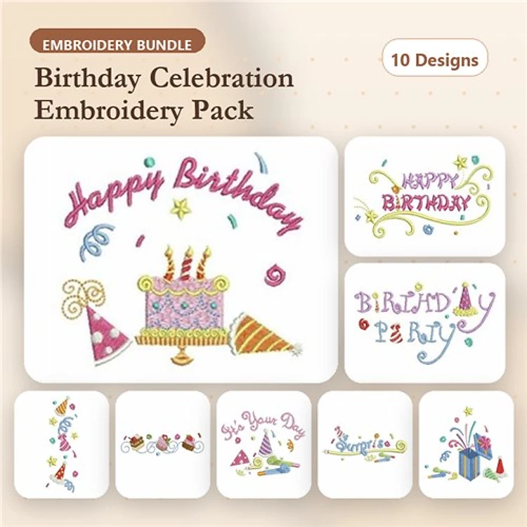 Birthday Celebration Embroidery Designs Bundle – Happy Birthday, Birthday Cake, Festive Balloons & More (10 Designs)