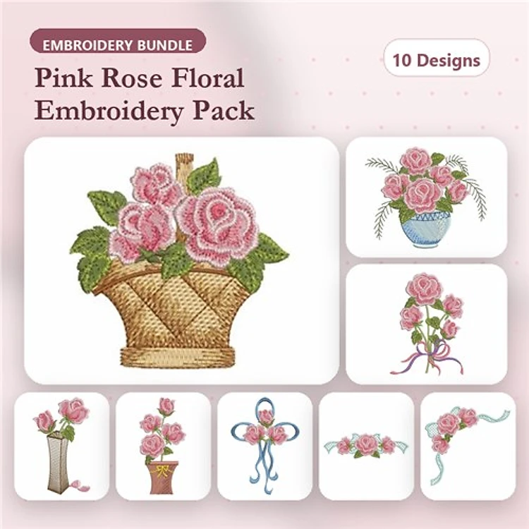 Floral Embroidery Bundle – Basket of Pink Roses, Pink Roses in Vase, Pink Rose Bouquet & More (10 Designs)