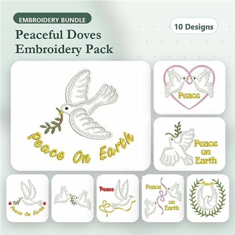 Dove & Peace Embroidery Designs Bundle – Dove with Olive Branch, Heart with Peace, Dove in Flight & More (10 Designs)