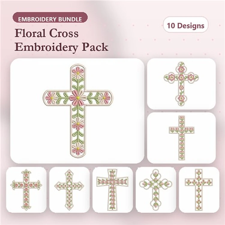 Floral Cross Embroidery Designs Bundle – Floral Cross with Roses, Ornate Floral Cross & More (10 Designs)