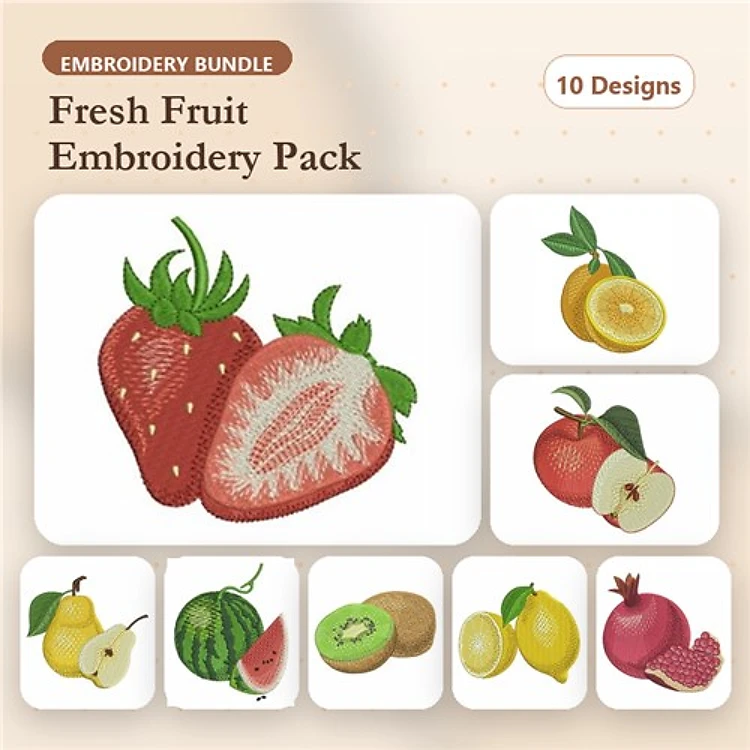Fresh Fruit Embroidery Designs Bundle – Strawberry, Lemon, Apple, Pomegranate & More (10 Designs)