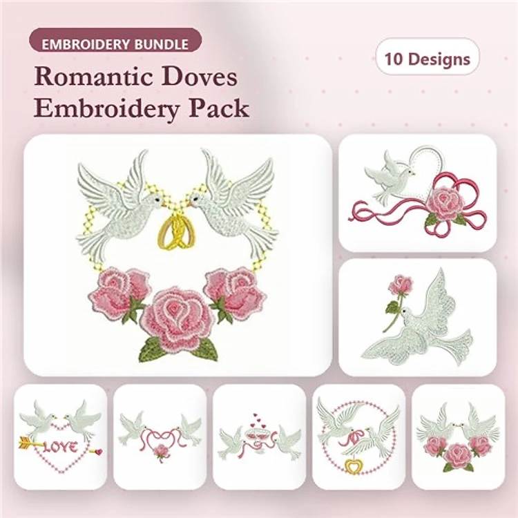 Romantic Doves Embroidery Designs Bundle – Doves with Wedding Rings, Doves with Roses, Dove with Heart & More (10 Designs)