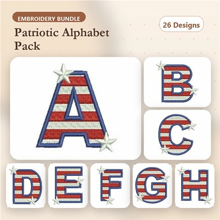 Patriotic Alphabet Embroidery Bundle – A, B, C, D, E, F, G, H & More (26 Designs)