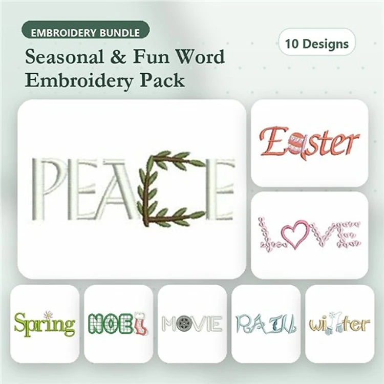 Seasonal Word Embroidery Designs Bundle – PEACE, EASTER, LOVE & More (10 Designs)