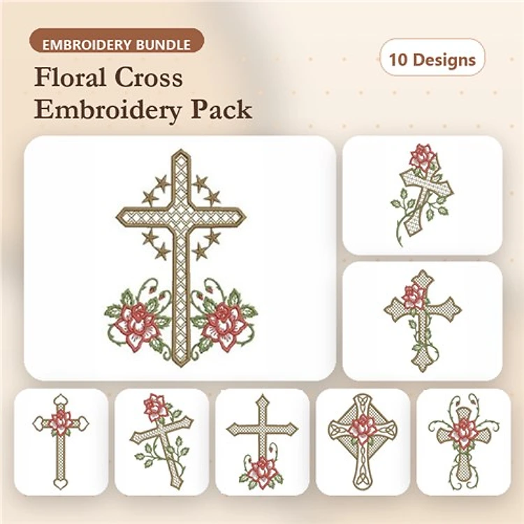 Floral Cross Embroidery Designs Bundle – Floral Cross with Roses, Decorative Floral Cross, Simple Floral Cross & More (10 Designs)