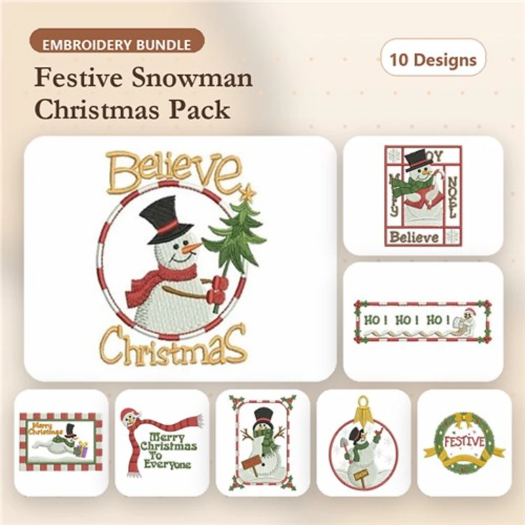 Festive Snowman Christmas Embroidery Designs Bundle – Snowman with Tree, Ho Ho Ho Snowman, Merry Christmas Wishes & More (10 Designs)