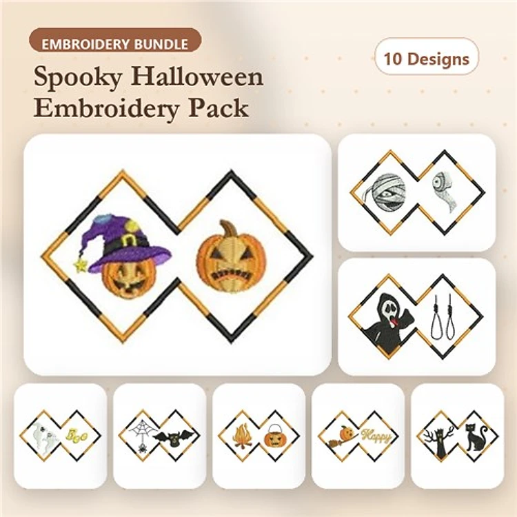 Halloween Embroidery Designs Bundle – Witch Hat, Jack-o'-Lantern, Ghost Face & More (10 Designs)