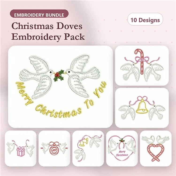 Christmas Doves Embroidery Designs Bundle – Doves with Holly, Merry Christmas To You, Candy Cane with Doves & More (10 Designs)