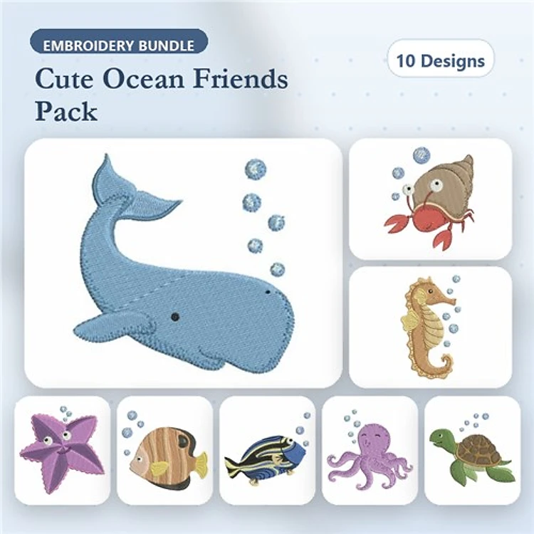 Cute Ocean Animals Embroidery Bundle – Blue Whale, Clownfish, Octopus & More (10 Designs)