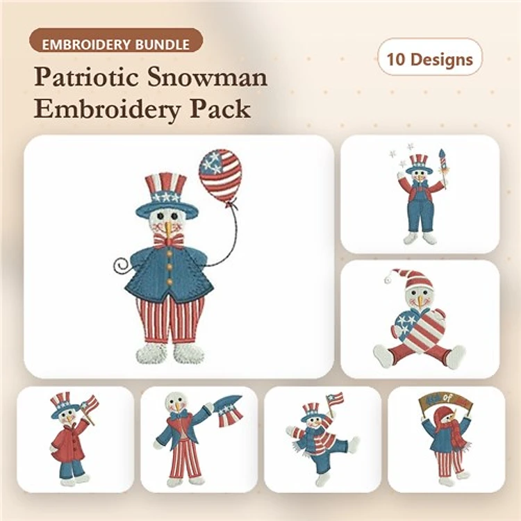 Patriotic Snowman Embroidery Designs Bundle – Snowman with Balloon, Holding Flag, Fireworks & More (10 Designs)