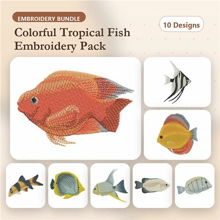 Colorful Tropical Fish Embroidery Bundle – Orange Fish, Scalefin Butterflyfish, Yellow Tang & More (10 Designs)