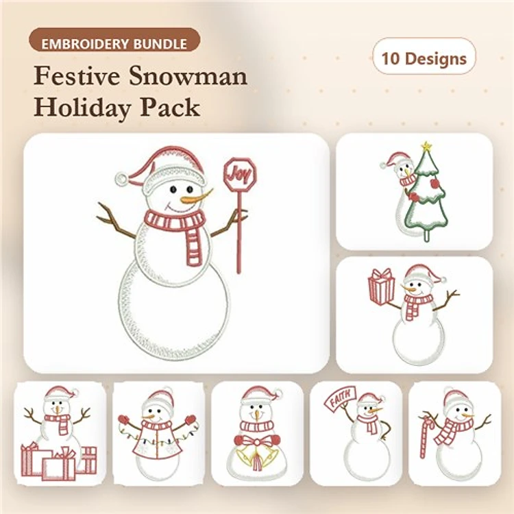 Festive Snowman Embroidery Bundle – Snowman with Joy Sign, Snowman with Gift, Snowman in Winter Scenery & More (10 Designs)