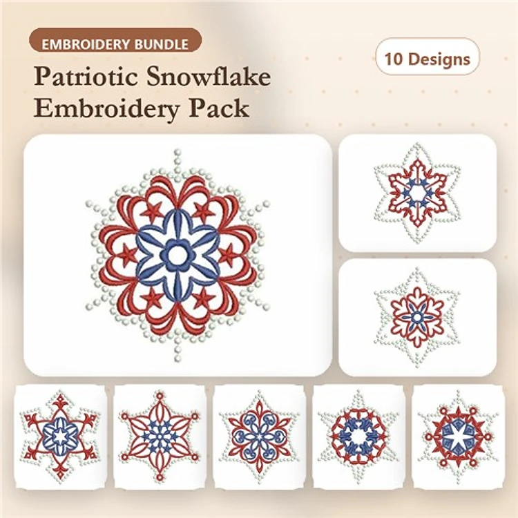 Patriotic Snowflakes Embroidery Designs Bundle – Intricate Quilted Patterns, Star & Stripe Styles & More (10 Designs)