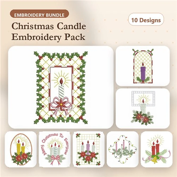 Christmas Candle Embroidery Bundle – Candle with Holly, Red Candle with Bow, Candle in the Window & More (10 Designs)
