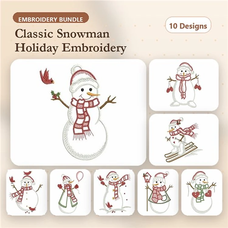 Classic Snowman Holiday Embroidery Designs Bundle – Snowman with Bird, Snowman with Scarf, Snowman Waving & More (10 Designs)