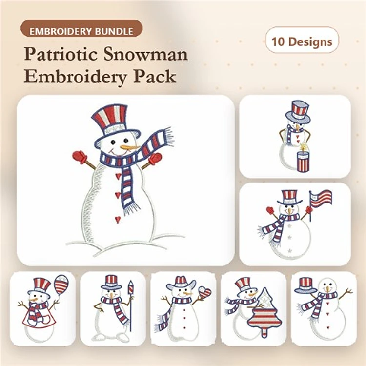 Redwork Patriotic Snowman Embroidery Designs Bundle – Snowman with Flag, Snowman Holding Flowers, & More (10 Designs)