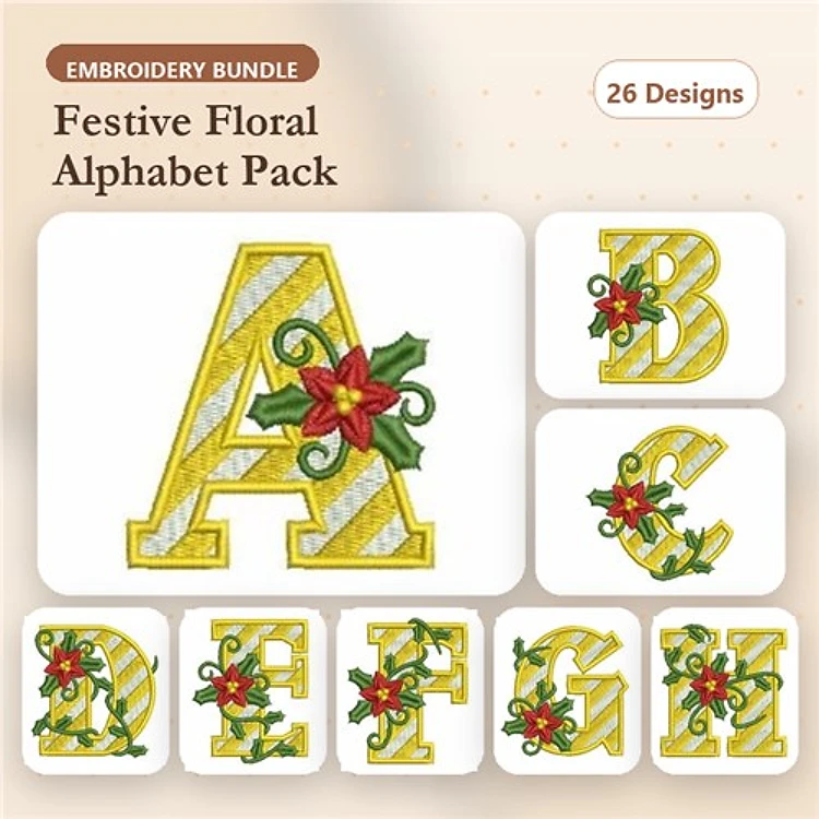 Festive Floral Alphabet Embroidery Bundle – Letter A to G & More (26 Designs)