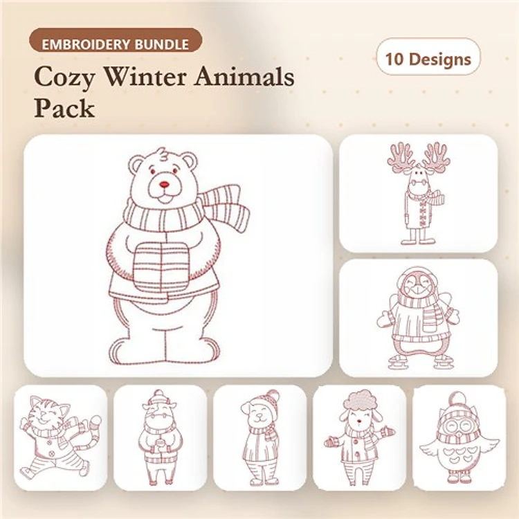 Cozy Winter Animals Embroidery Bundle – Seasonal Favorites (10 Designs)