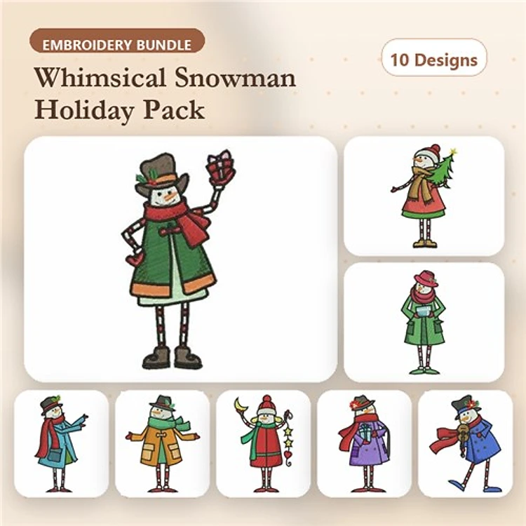 Snowman Characters Embroidery Designs Bundle – Snowman with Gift, Snowman with Tree, Snowman in Green Coat & More (10 Designs)