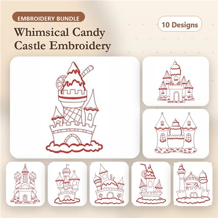 Redwork Candy Castles Embroidery Designs Bundle – Candy Castle with Lollipop, Frosted Castle, Sugar Cone Castle & More (10 Designs)