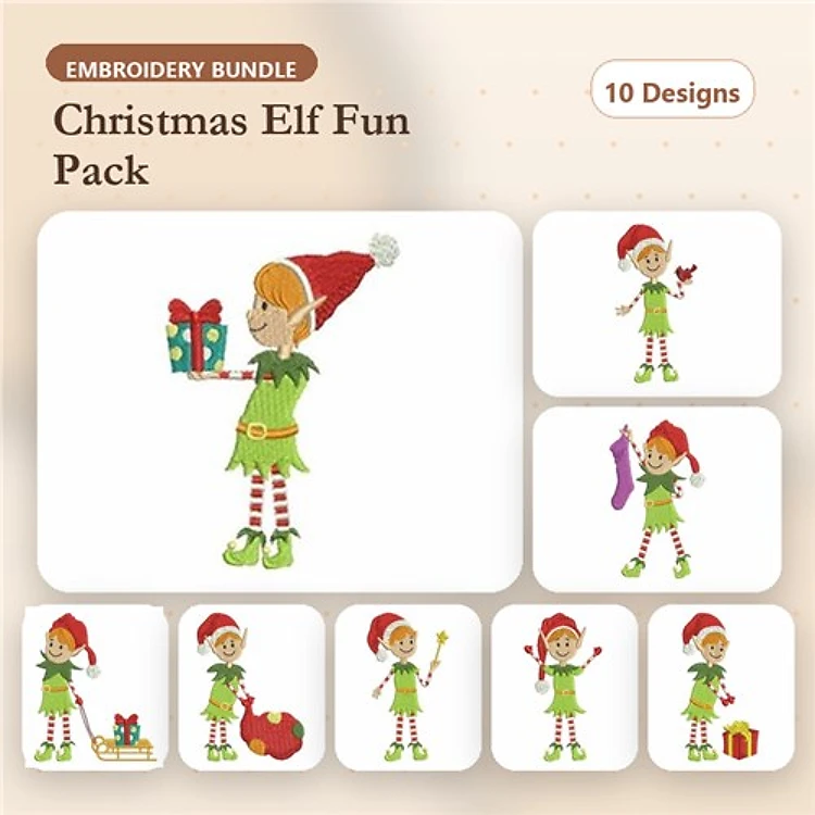 Christmas Elf Embroidery Bundle – Elf with Gift, Elf Holding Stocking, Elf with Ornament & More (10 Designs)