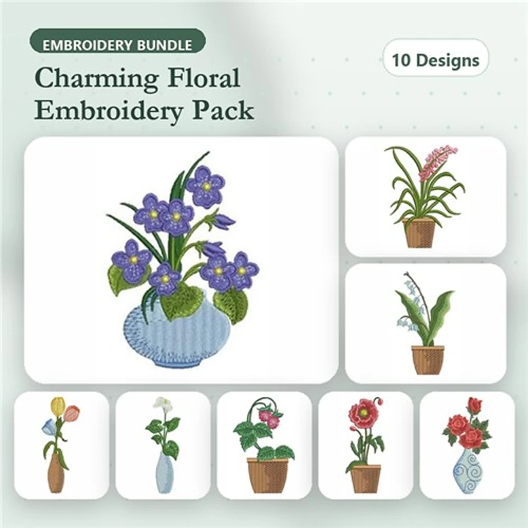 Floral Arrangement Embroidery Designs Bundle – Violet Bouquet, Red Rose in Pot, Pink Flower in Vase & More (10 Designs)