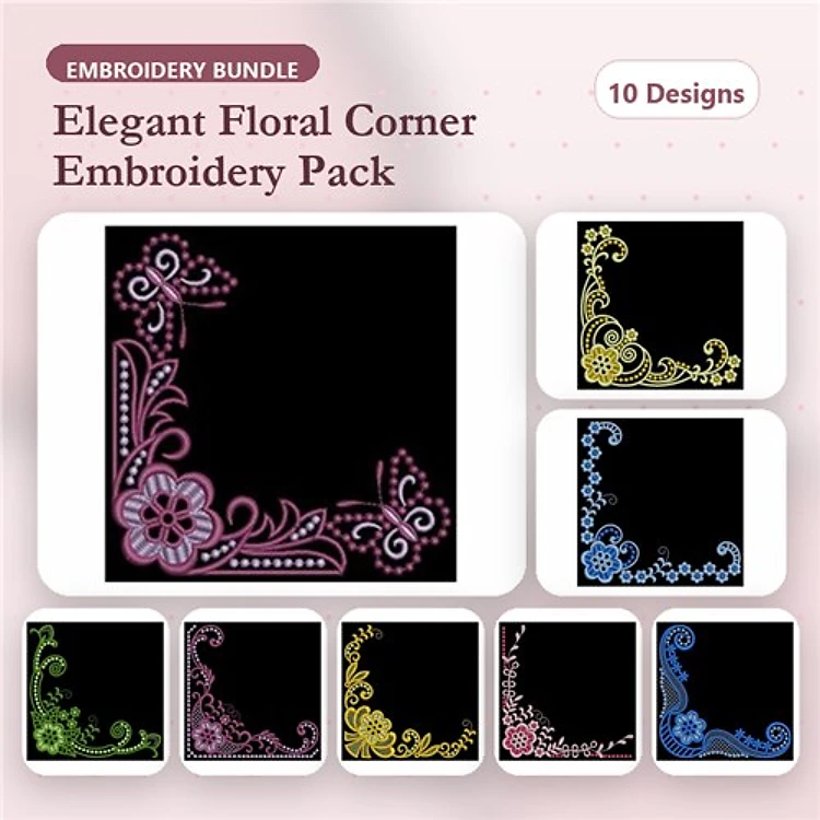 Elegant Floral Corner Embellishments Embroidery Designs Bundle – Pink, Blue, Yellow Flowers & More (10 Designs)