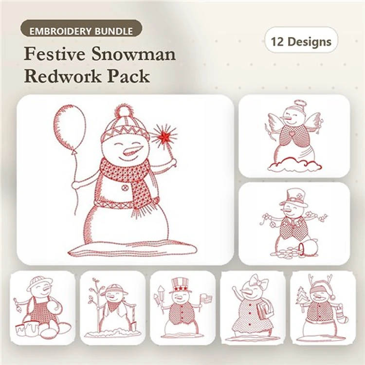 Redwork Snowman Embroidery Designs Bundle – Snowman with Balloon, Top Hat Snowman, Snowman Holding Sparkler & More (12 Designs)