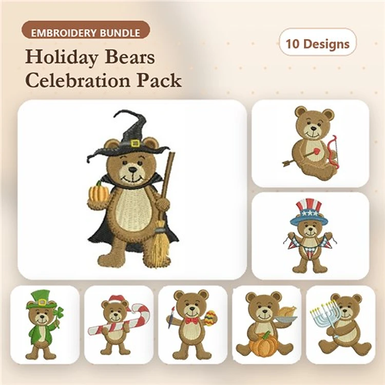 Holiday Bears Embroidery Bundle – Halloween, Christmas, Easter, Valentine's & More (10 Designs)