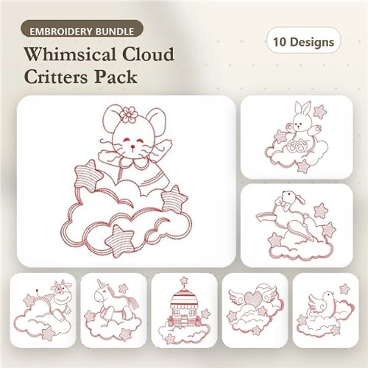 Redwork Animal Cloud Embroidery Designs Bundle – Mouse, Bunny, Unicorn, Bird & More (10 Designs)